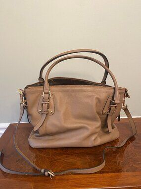 Kattee Taupe Pebbled Leather Satchel with Detachable Crossbody Strap